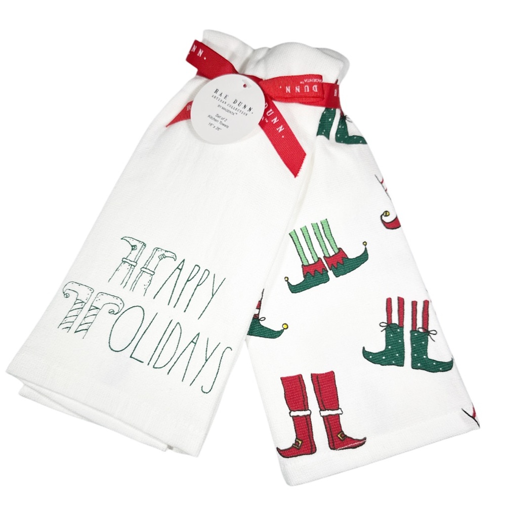 NEW Rae Dunn HAPPY HOLIDAYS Elf Christmas Kitchen Towel Set/2
